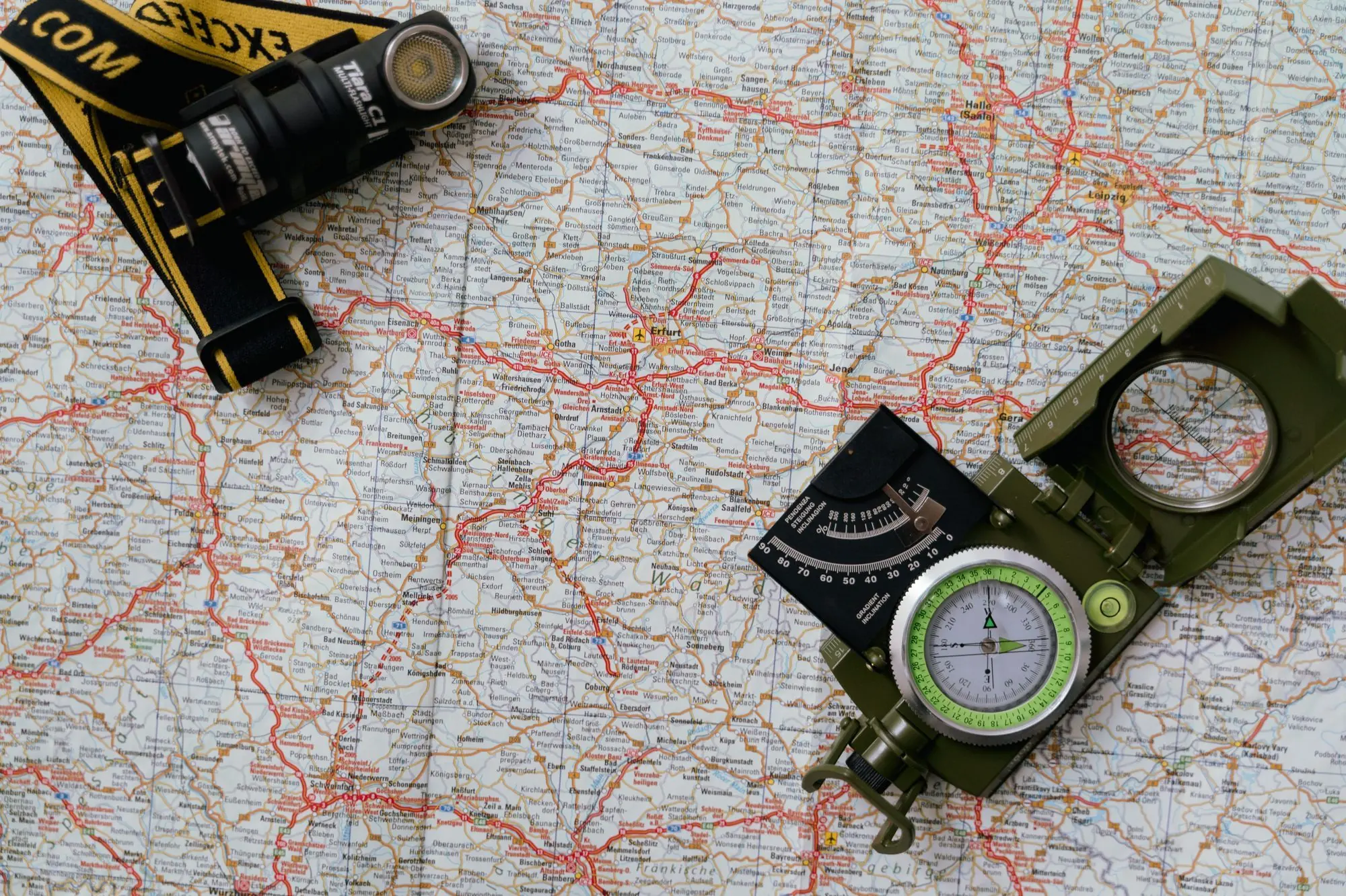 Map, compass and headlamp